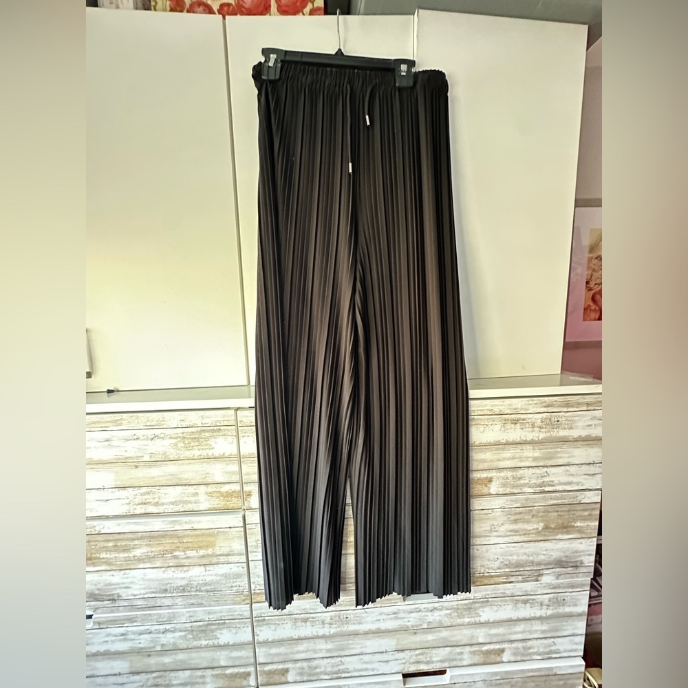 🖤 Pleated Black Wide Leg Pants Elastic Waist Stretch Chic
